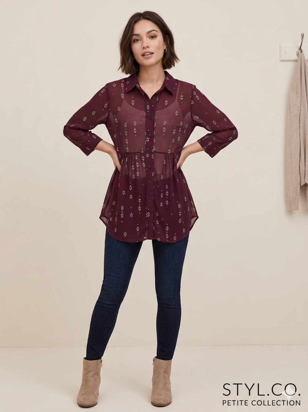 Style & Co. Petite Burgundy Printed Peplum‎ Blouse